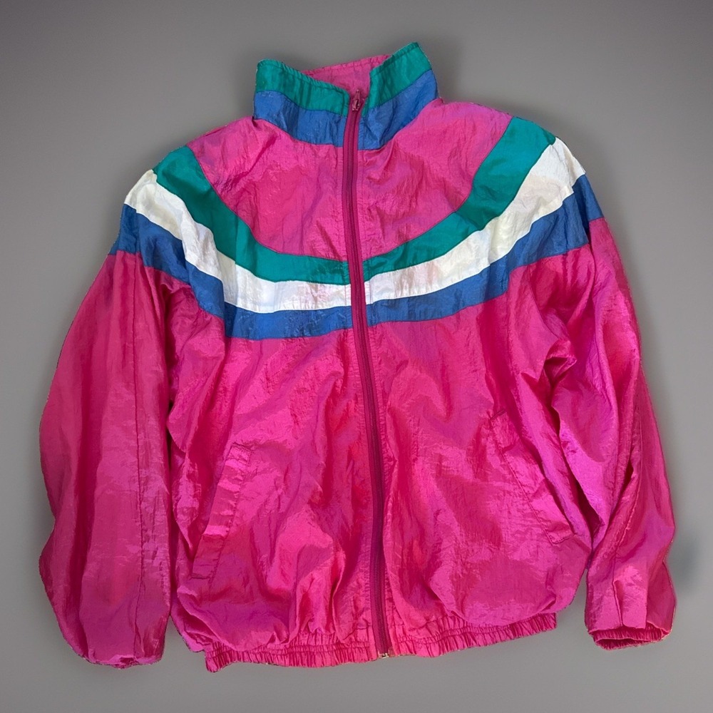 Vtg 80s 90s Pro Sport Windbreaker Colorblock Pink Blue White Nylon Jacket M